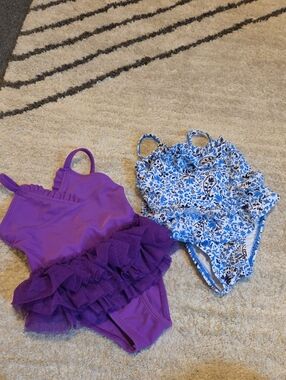 Girls Purple Ruffle One-Piece Swimsuit & Blue Floral One-Piece Set
